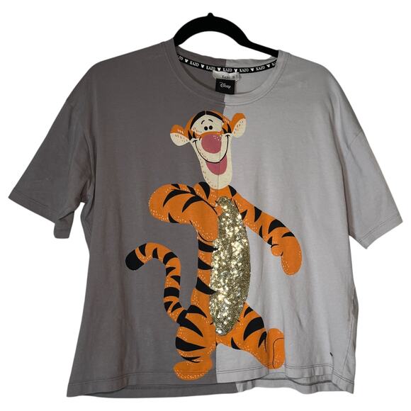 Kazo Winnie The Pooh Sequin Tiger Disney T-Shirt Gray Crewneck Cotton Size M - Picture 2 of 9